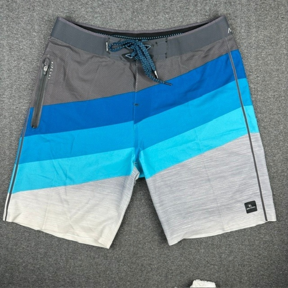 Rip Curl Mirage Board Shorts Mens 33 Blue Grey Striped Surf Grip Swim Trunks